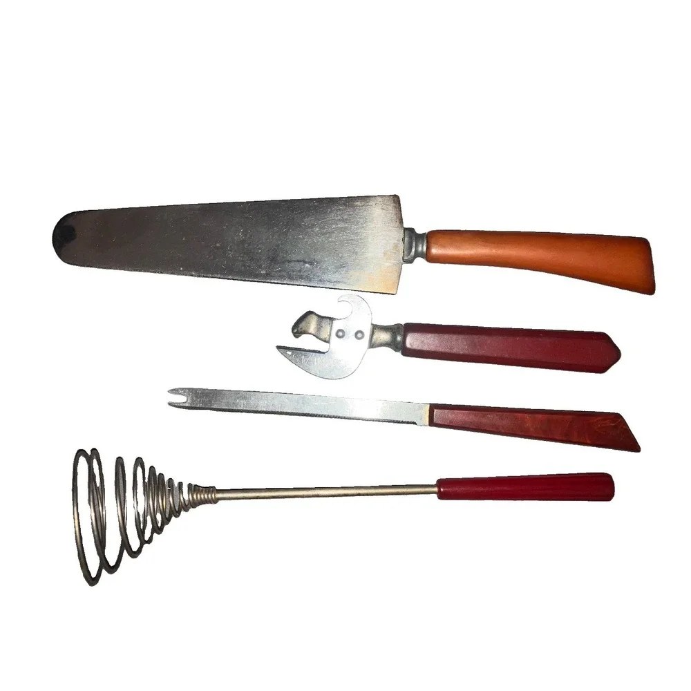 Lot of 4 Vintage Bakelite Handle Kitchen Utensils Red And Butterscotch